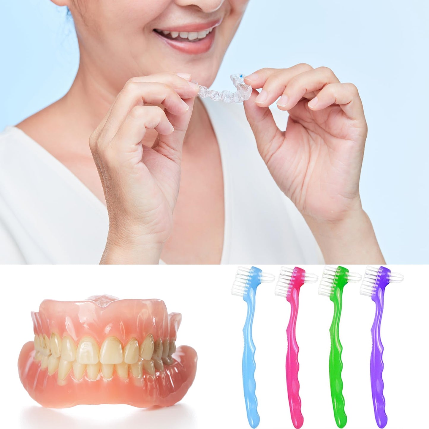 4 Pieces Denture Brush Set - Small Denture Brushes with Ergonomic Rubber Handles