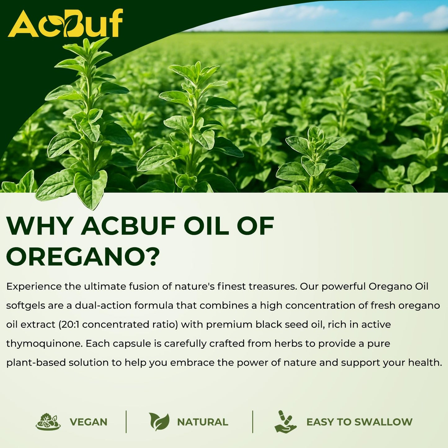 ACBUF Oil of Oregano with Black Seed Oil – 180 Softgels, Organic, 165mg Carvacrol