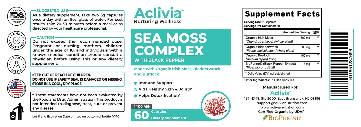 Aclivia Organic Irish Sea Moss Capsules with Bladderwrack & Burdock Root | 102 Minerals - Thyroid Support, Immune Boost - Non-GMO (60 Count)
