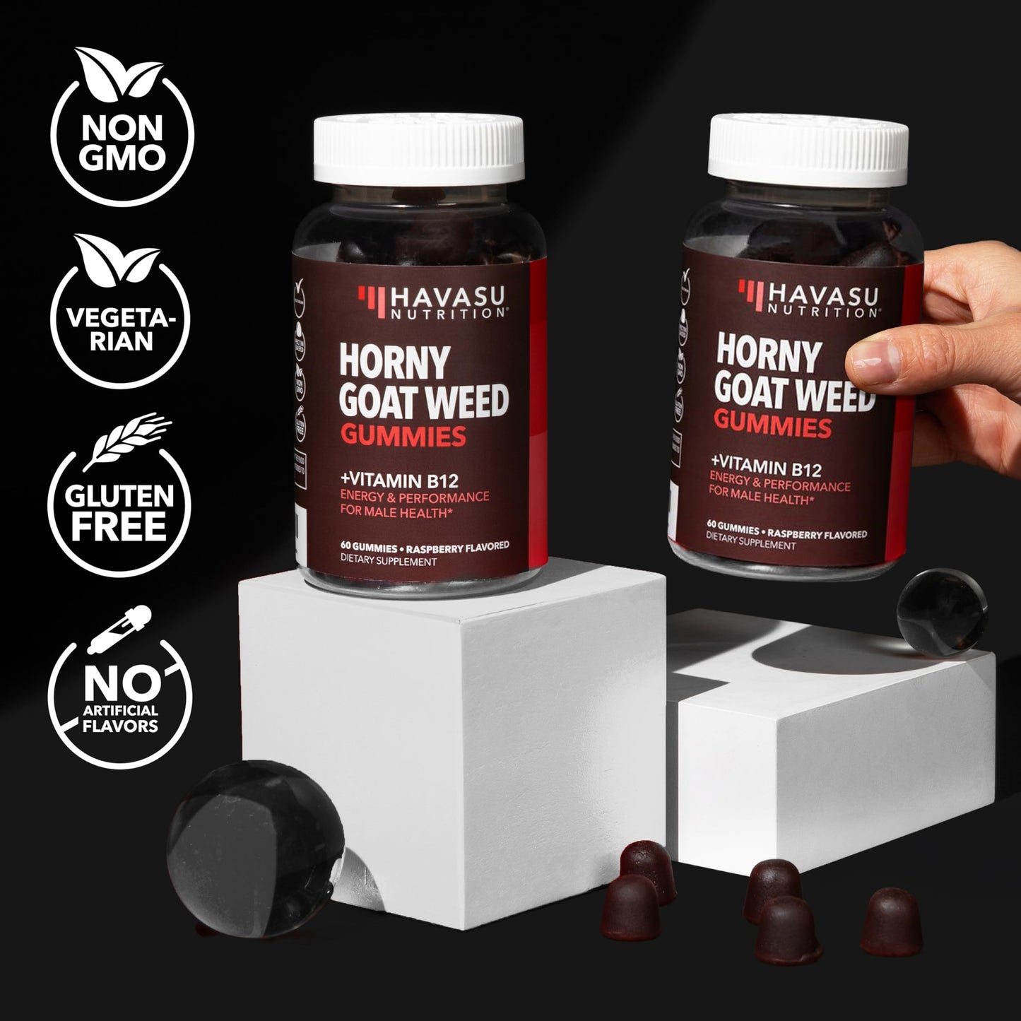 Horny Goat Weed Gummies with Vitamin B12 - Energy & Endurance Support for Men (30 Count) Raspberry