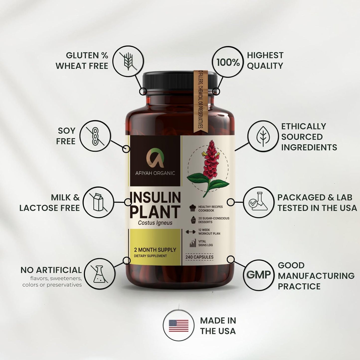 Afiyah Organic Costus Igneus Capsules – Premium Insulin Plant (240 Veggie Capsules)
