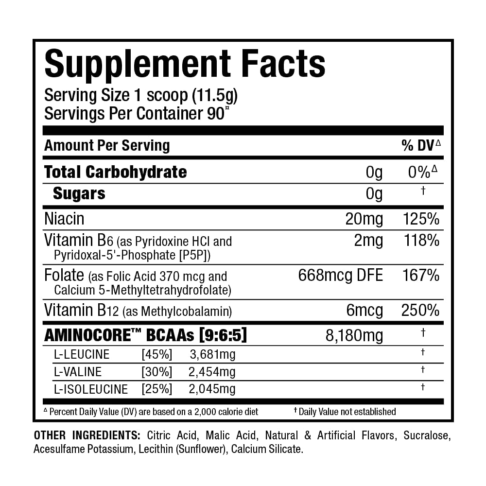 ALLMAX AminoCORE BCAA Blue Raspberry Powder – 945 g, 90 Servings, 8.18 g BCAAs per Serving, Sugar Free, Instantized + B Vitamins
