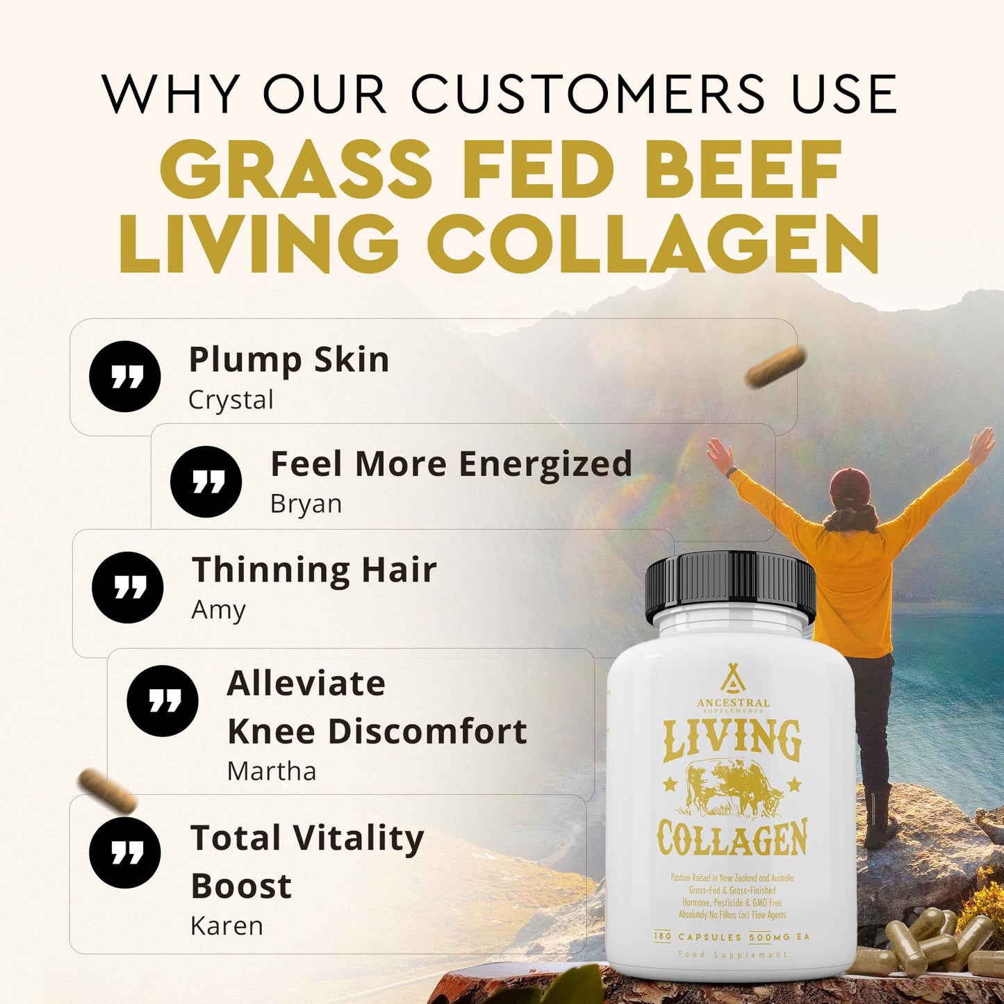 Ancestral Supplements Grass-Fed Beef Living Collagen – 3000mg, 180 Capsules, Type II
