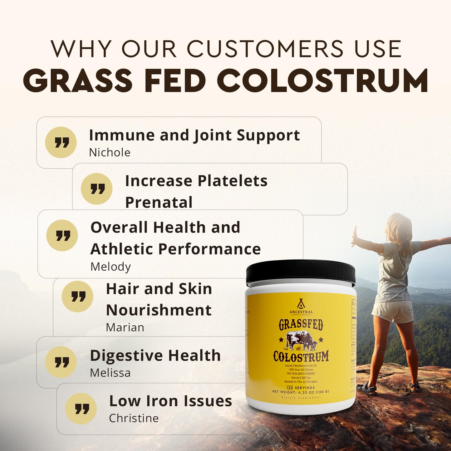 Ancestral Supplements Bovine Colostrum Powder – Grass-Fed, Freeze-Dried, Gut Health & Immune Support, 120 Servings