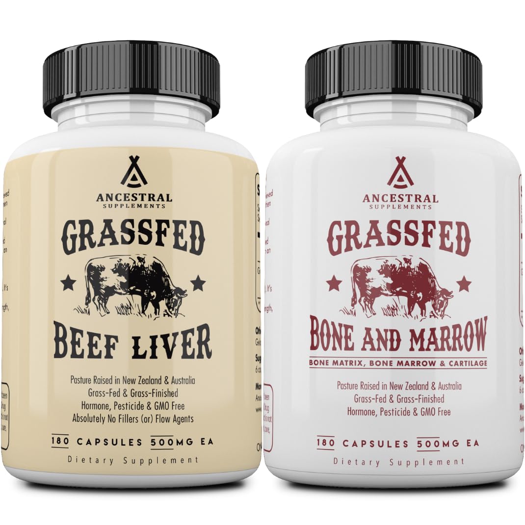Ancestral Supplements Grass-Fed Beef Liver & Bone Marrow Capsules 3000mg - Bundle 2 Pack (180 Capsules)