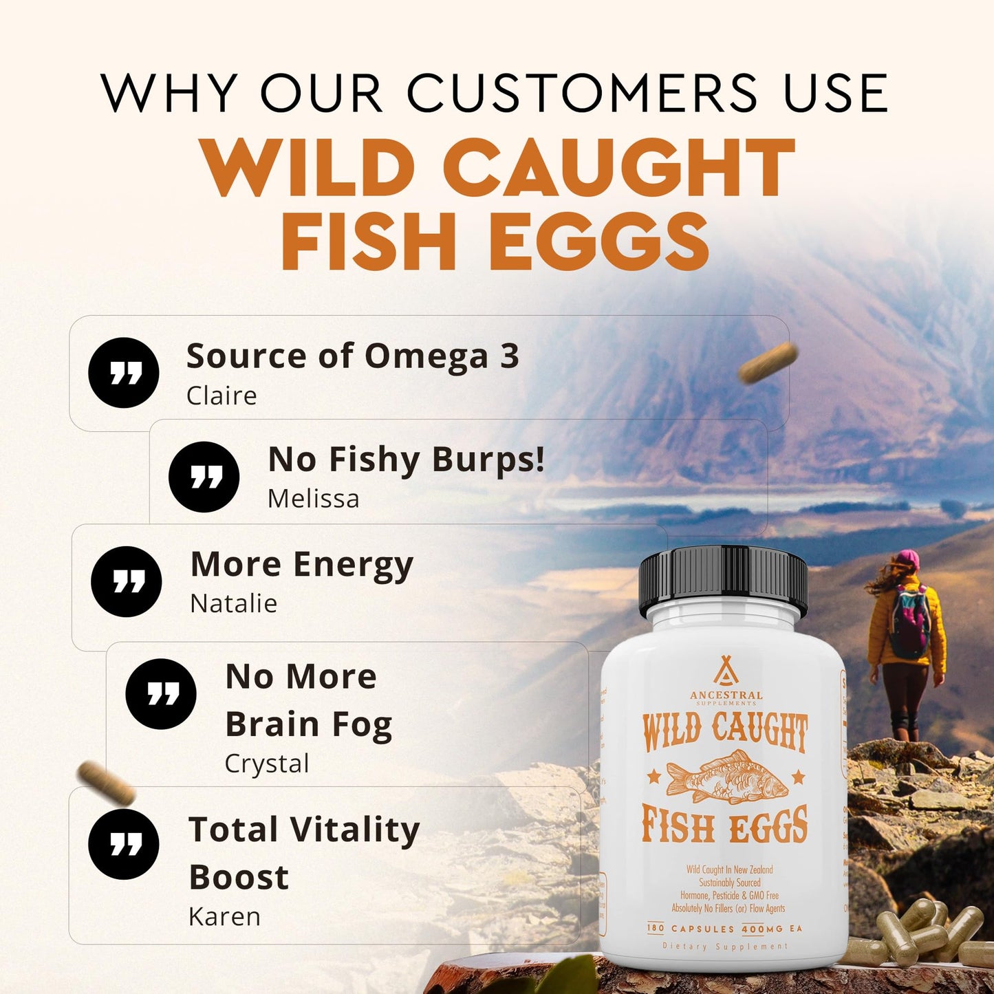 Ancestral Supplements Wild Caught Fish Eggs – 2400mg Omega-3, 180 Capsules