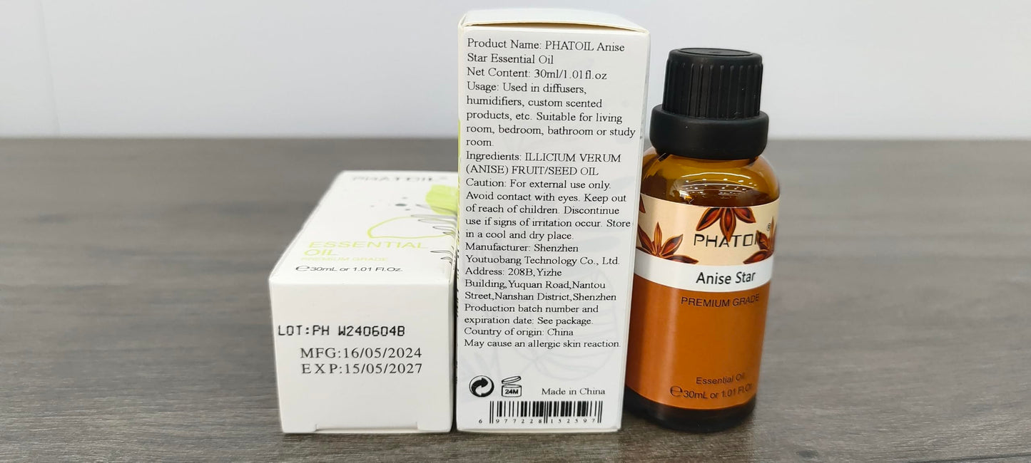 Anise Star Essential Oil 30ml (1.01 fl oz) | PHATOIL Pure Aromatherapy for Diffusers, DIY Soap & Candles