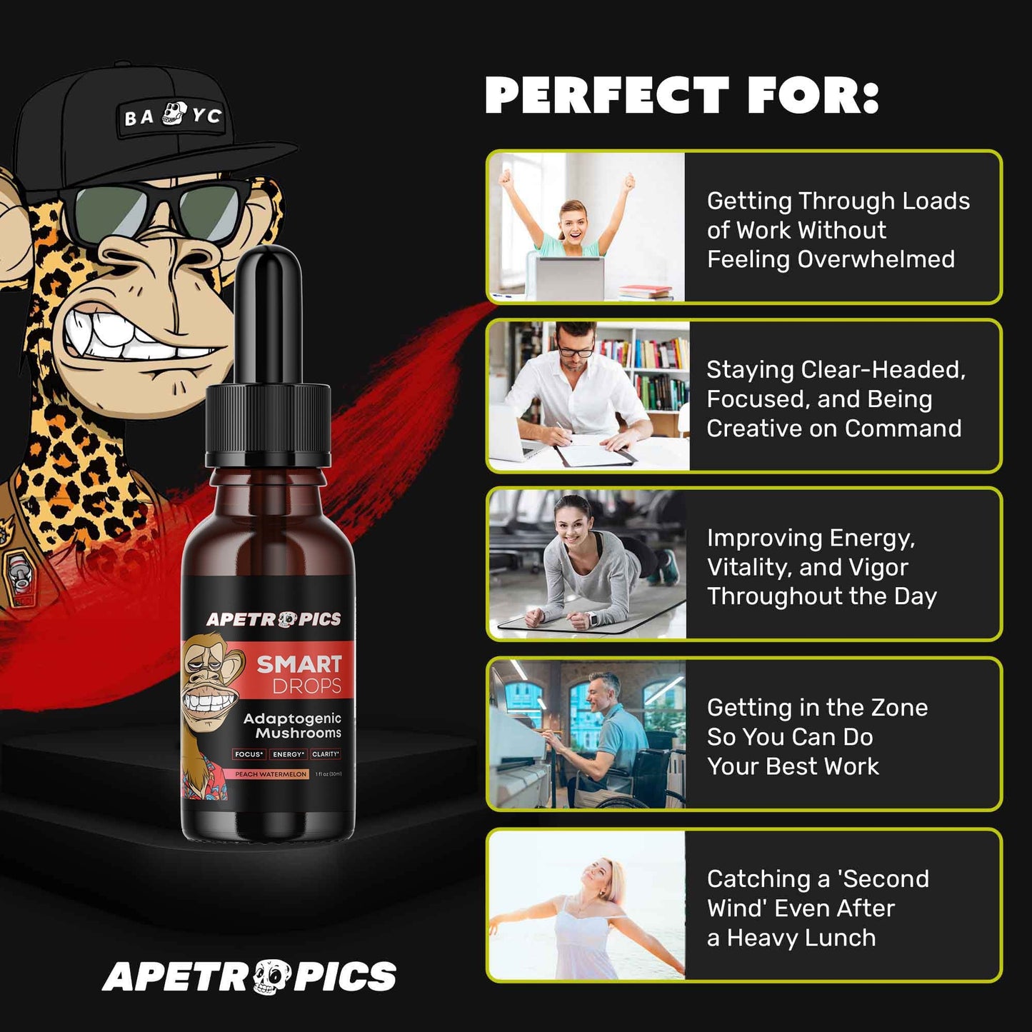 Apetropics Smart Drops - 5-in-1 Adaptogenic Mushroom Tincture for Focus (Lion's Mane, Cordyceps, Turkey Tail, Chaga, Reishi) Peach Watermelon - 30 Servings (3 Pack)