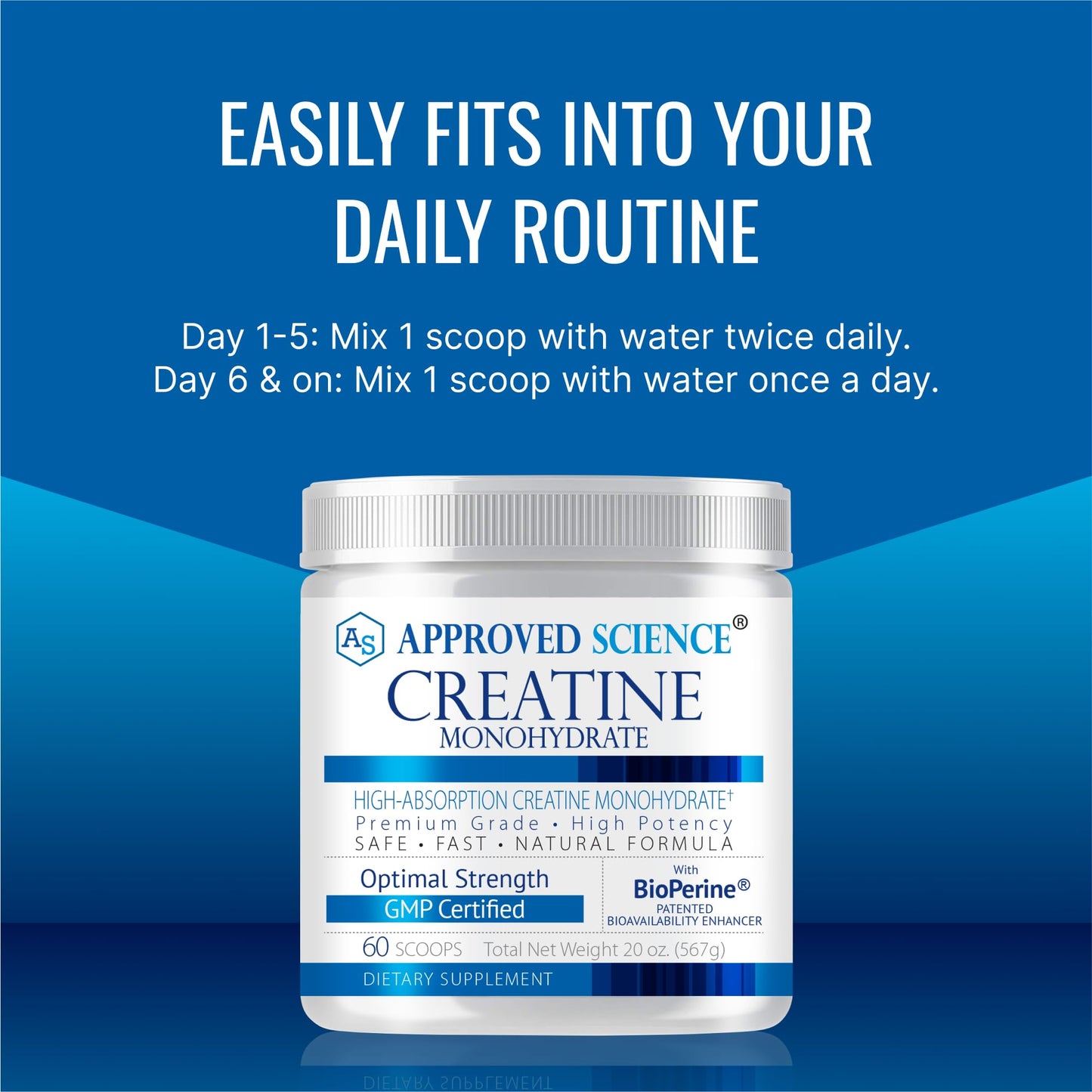 Approved Science Creatine Monohydrate Powder with BioPerine — 60 Servings, 5g/Serving, Unflavored, Non-GMO, Vegan