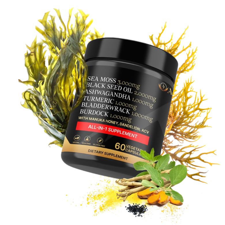AZ ApexZone True Sea Moss Complex – Black Seed Oil, Ashwagandha, Burdock, Turmeric & Manuka Honey – 60 Capsules