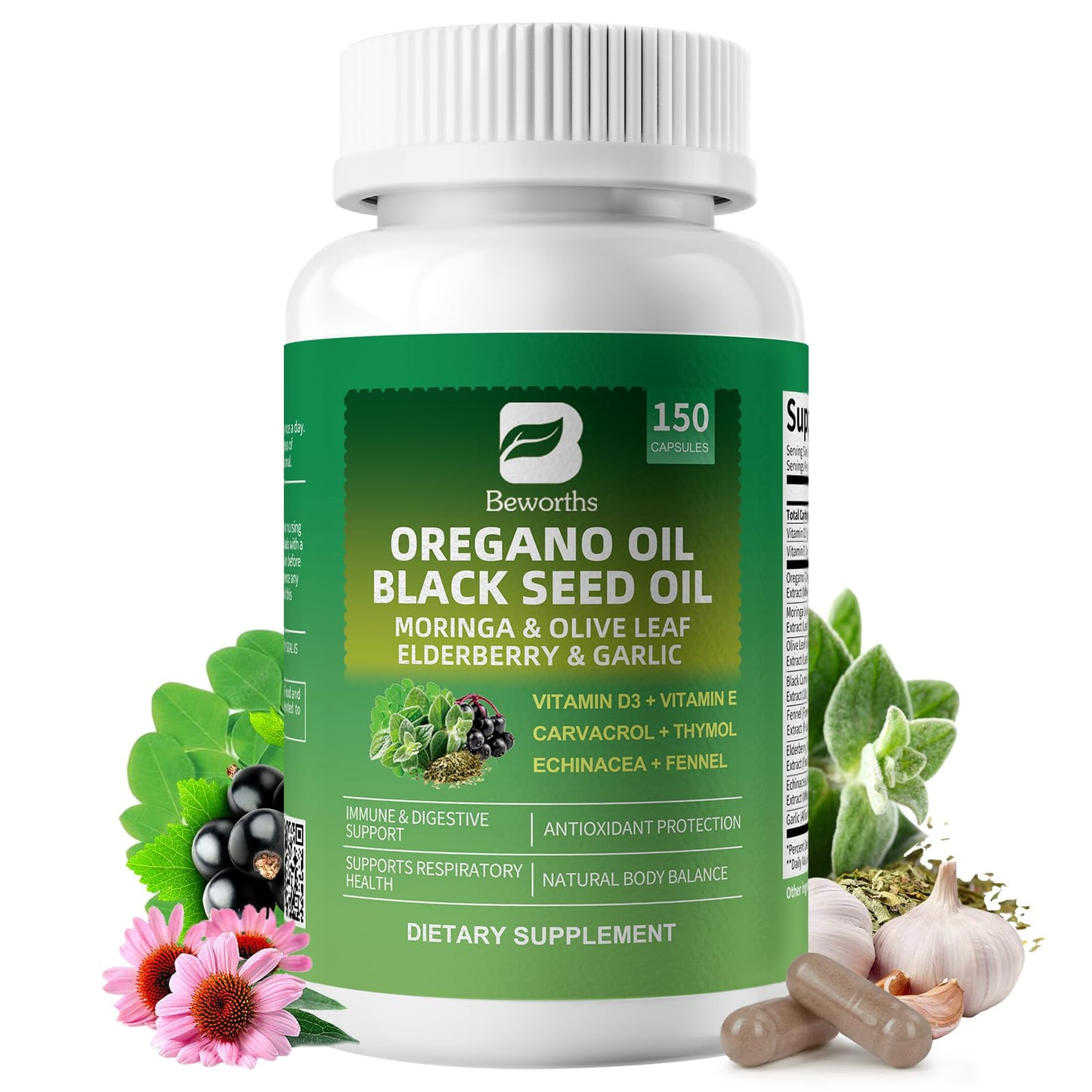 B BEWORTHS Oil of Oregano with Black Seed Oil – Carvacrol Oregano Oil Capsules for Immune & Digestive Support