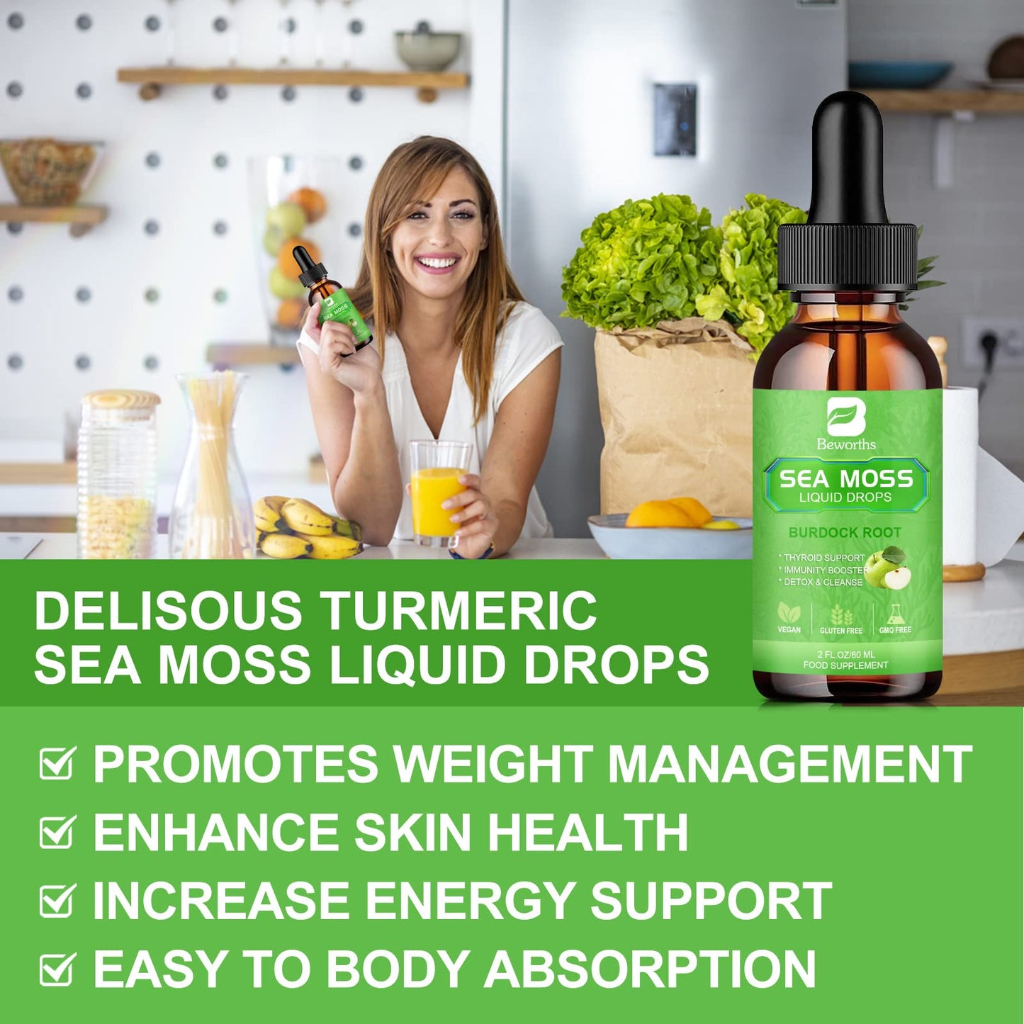 B BEWORTHS Sea Moss Liquid Drops – Organic Irish Sea Moss Gel with Burdock & Vitamins | 2 Fl Oz