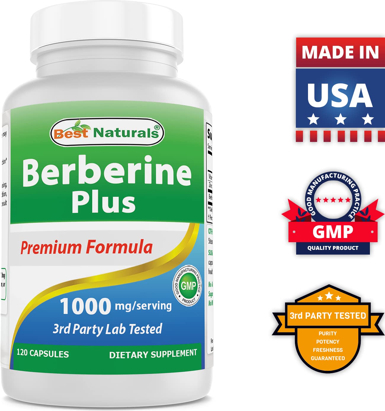 Best Naturals Berberine Plus 1000 mg/Serving - 120 Capsules (120 Count Pack of 3)