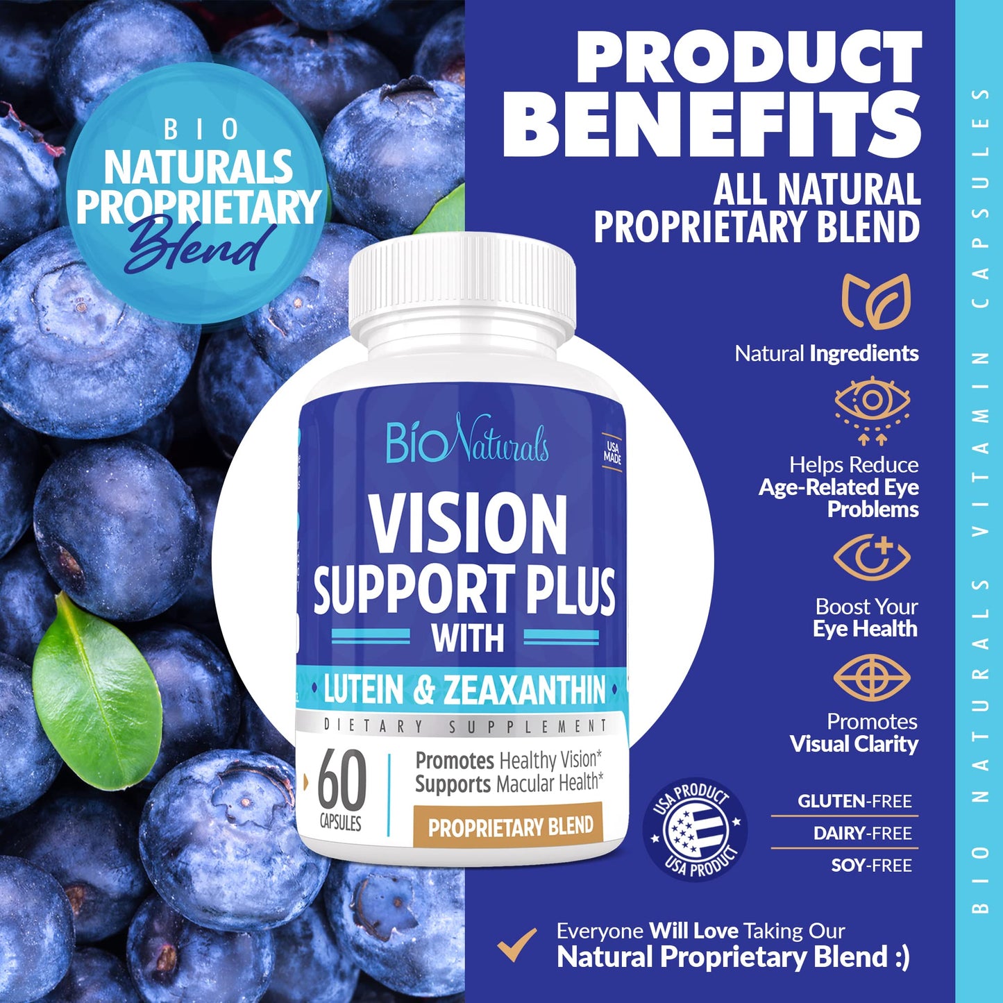 Bio Naturals Vision Formula - All Natural Eye Vitamin Supplement with Lutein, Zeaxanthin & More | 60 Veggie Capsules