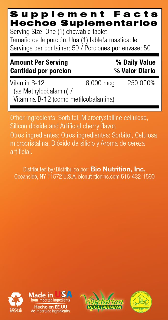 Bio Nutrition B-12 Sublingual Tablet, 50 Count | Vitamin B12 for Nerve Health and Mood Support