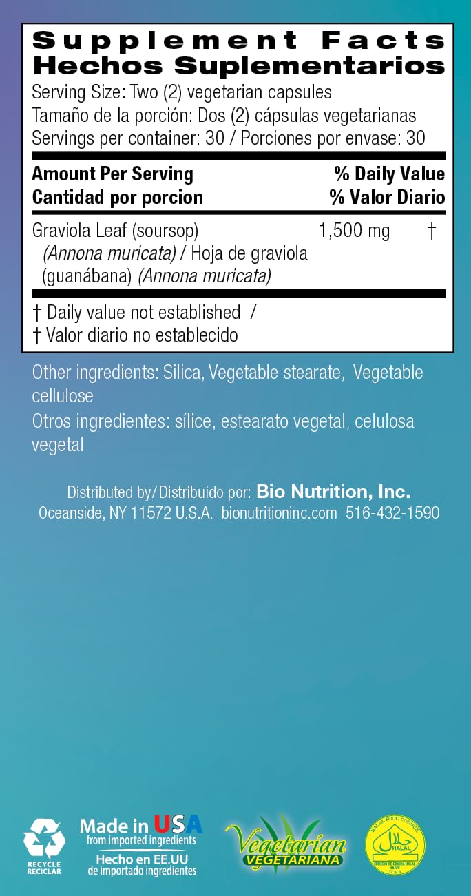 Bio Nutrition Graviola (Annona Muricata) 60 Vegetarian Capsules | 1,500 mg Soursop | Anti-Oxidant | Positive Digestive Benefits