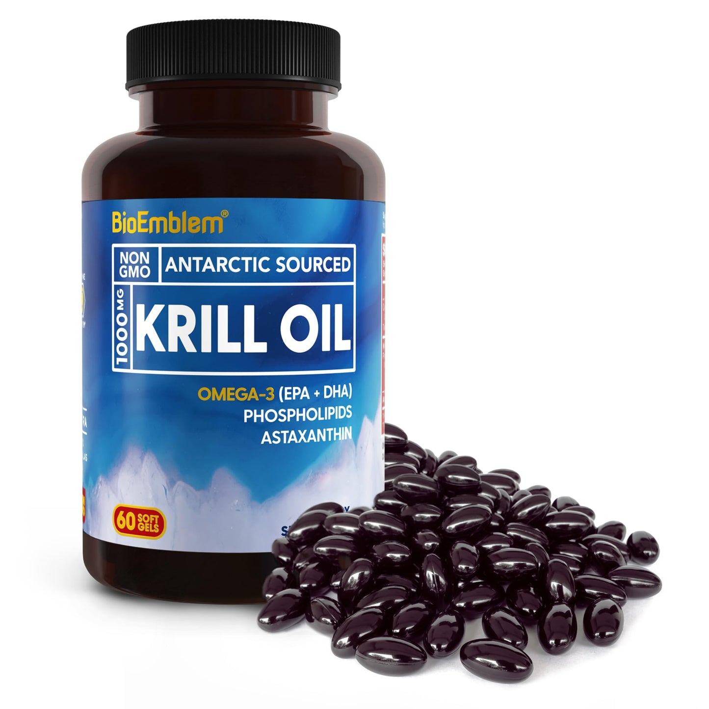 BioEmblem 3 Pack Antarctic Krill Oil 1000mg Softgels – Omega-3 EPA/DHA, Astaxanthin, Phospholipids, Non-GMO, Gluten Free, 180-Count