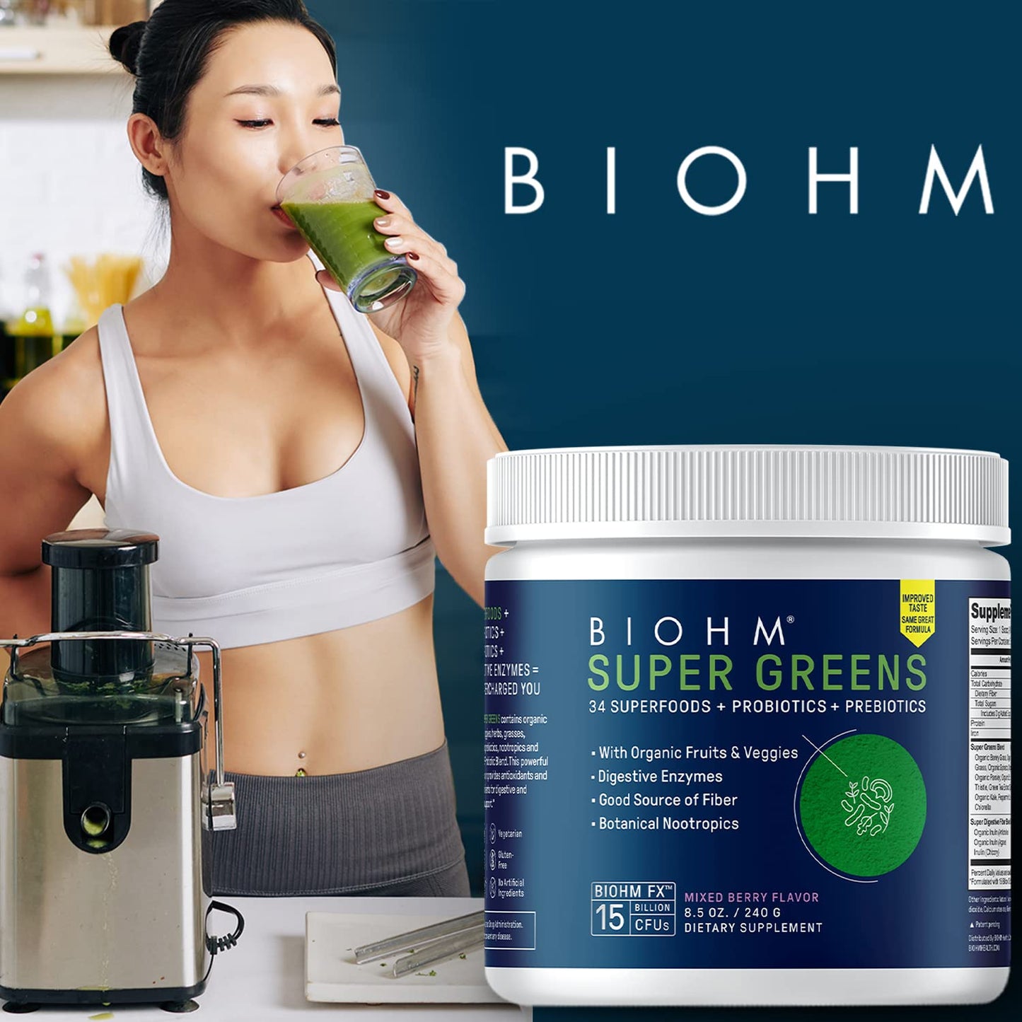 BIOHM Super Greens – 34-Ingredient Green Superfood Powder with Probiotics & Digestive Enzymes (Mixed Berry)