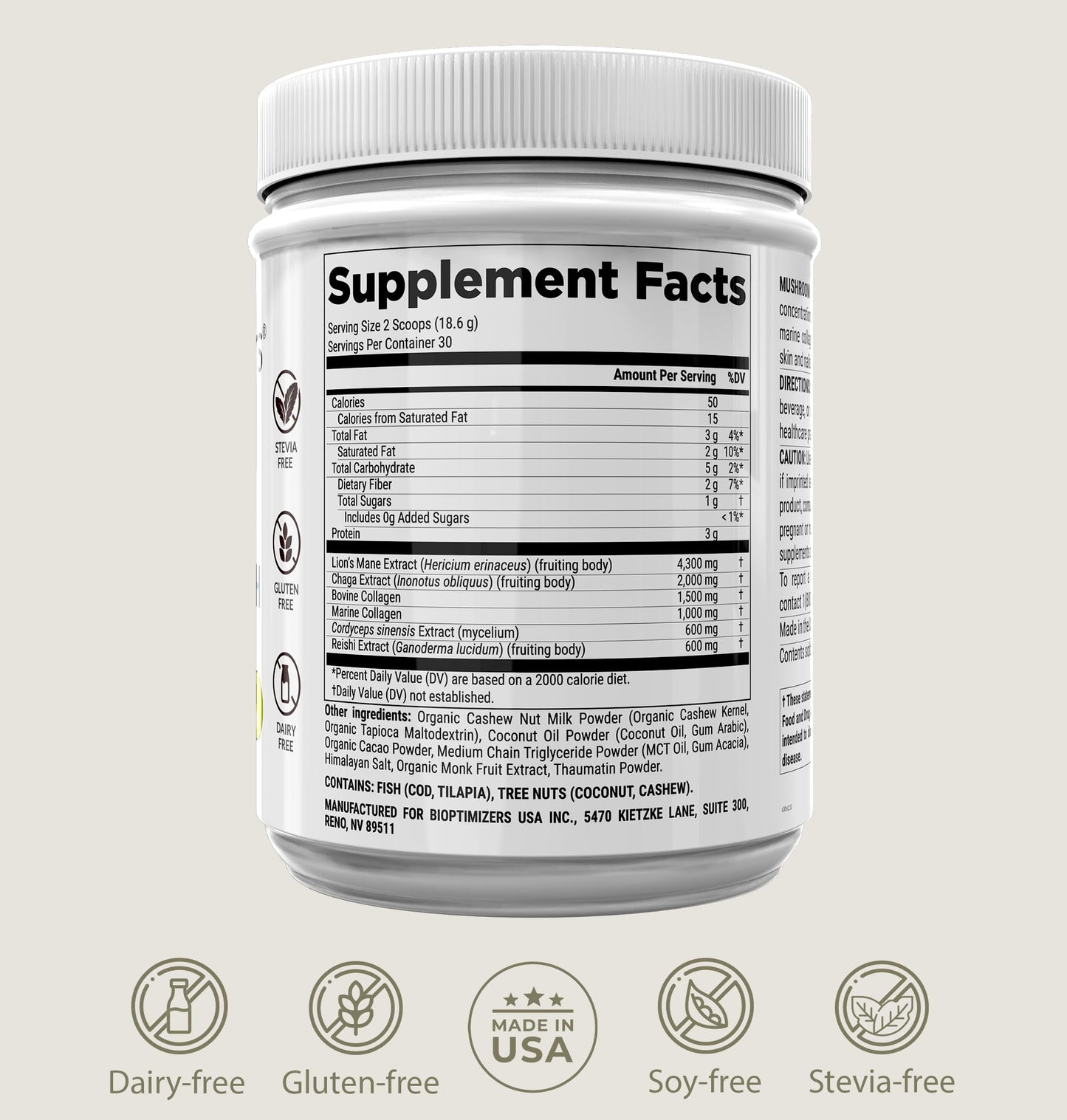 BIOptimizers Mushroom Coffee Alternative – Chocolate with Lion’s Mane, Chaga & Reishi + Collagen Peptides for Focus, Energy & Gut Health – Adaptogenic Mushrooms & MCT Powder – 30 Servings
