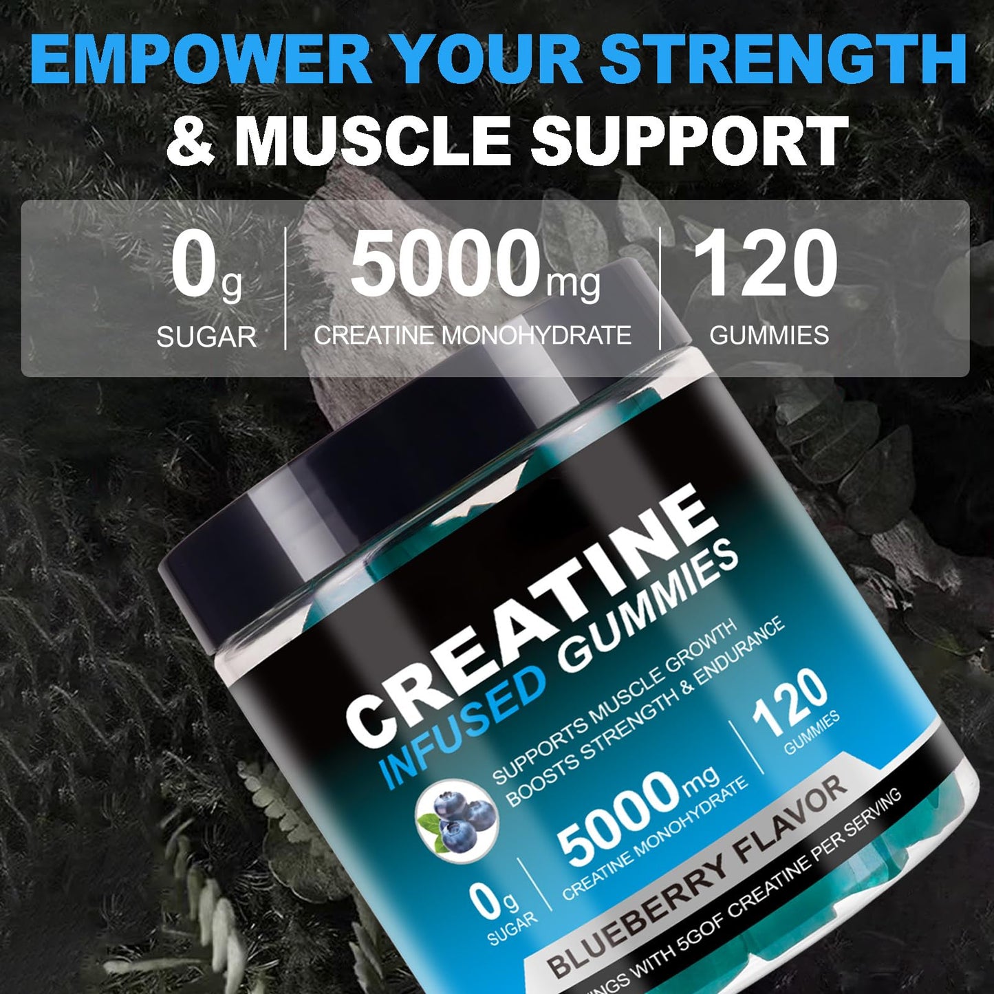 Creatine Monohydrate Gummies 5000mg | 120 Sugar-Free Vegan Chews – Blueberry