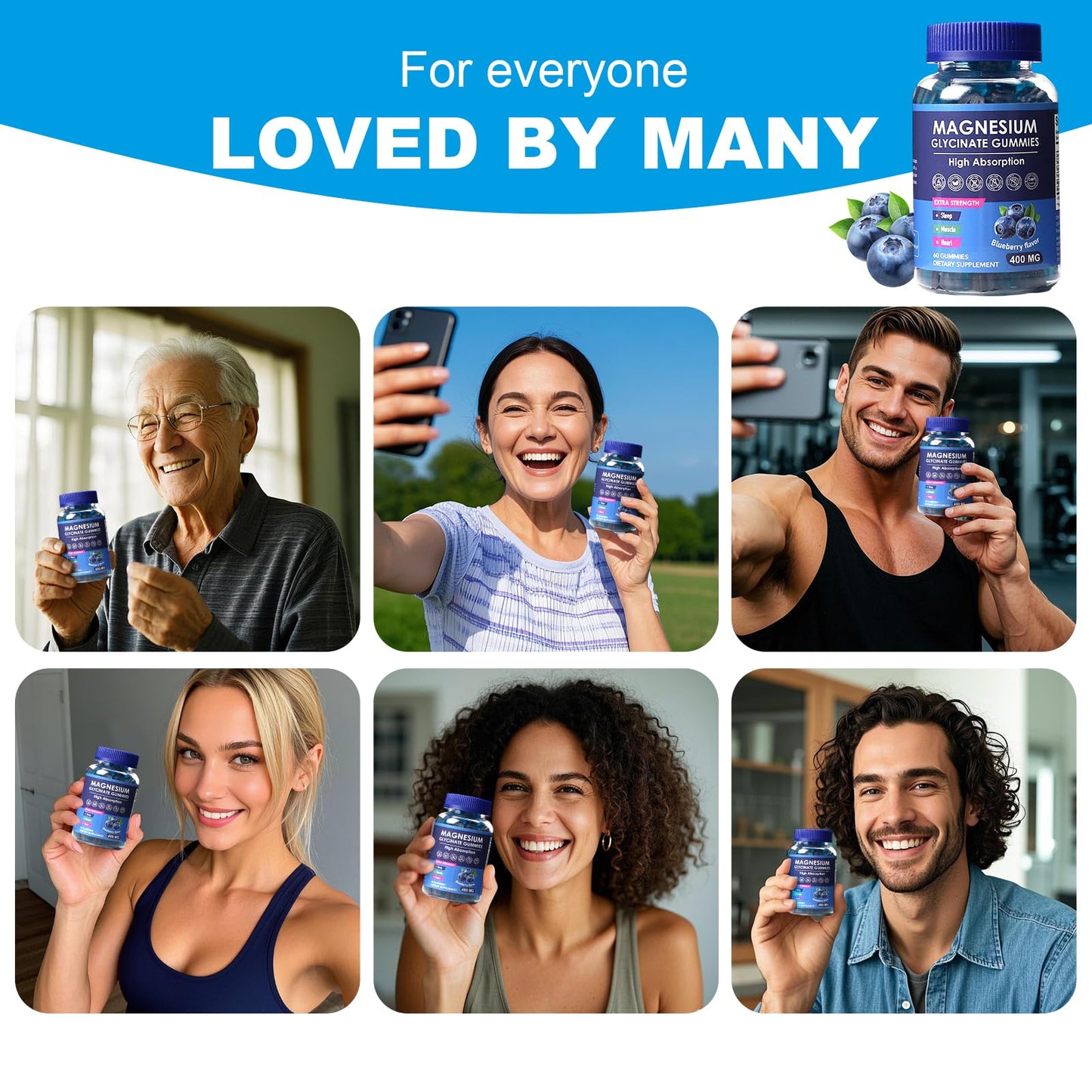 Blueberry Magnesium Glycinate Gummies 400mg – Sugar Free, Gelatin Free, Vegan, 60 Day Supply