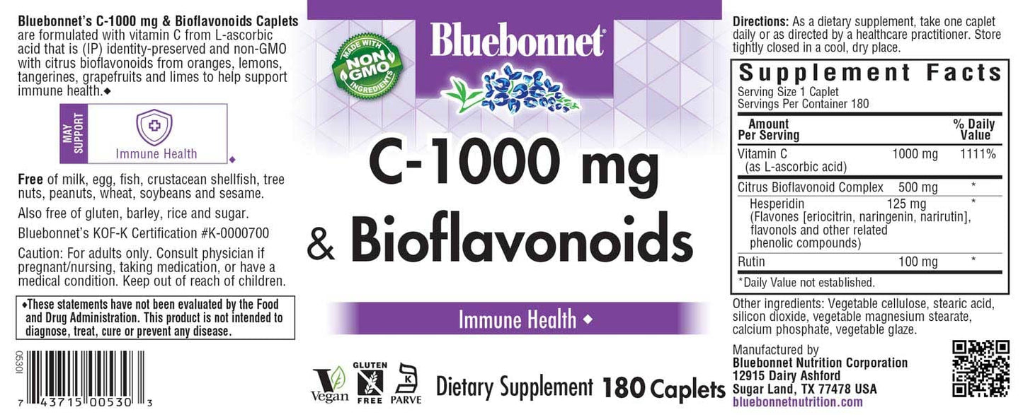 Bluebonnet Nutrition C-1000 mg Plus Bioflavonoids Caplets | Vitamin C 1000 mg with Citrus Bioflavonoids, 180 Caplets