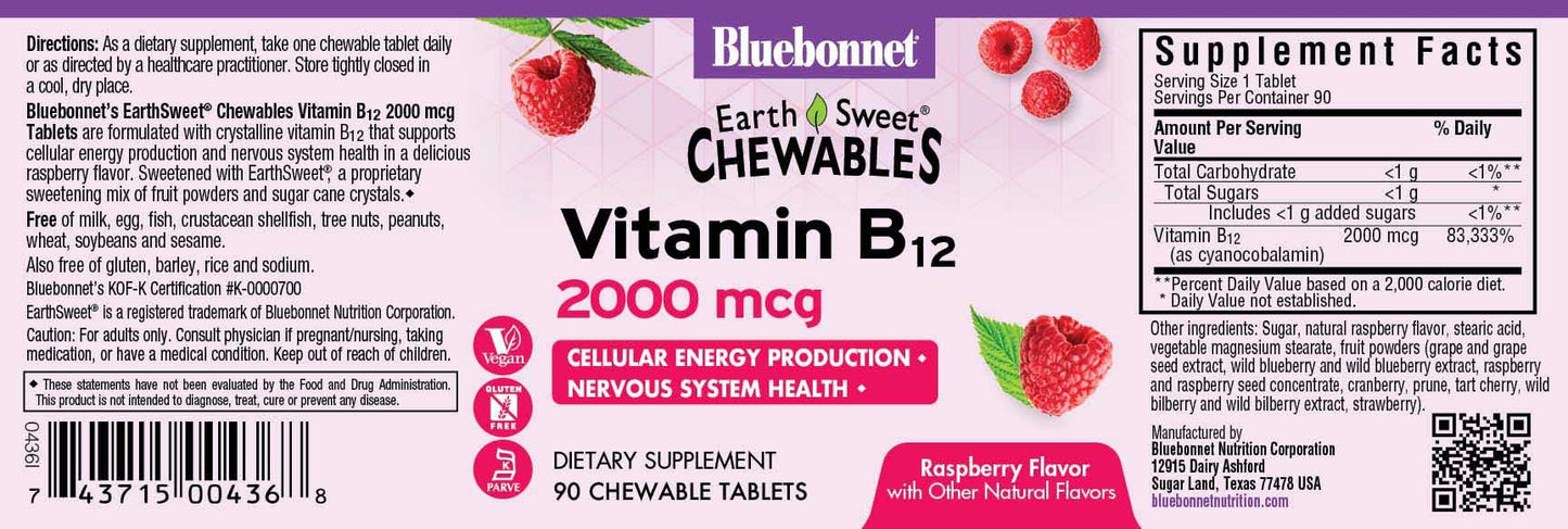 BlueBonnet EarthSweet Vitamin B12 2000 mcg Chewables – Raspberry, Vegan, Gluten Free | 90 Servings