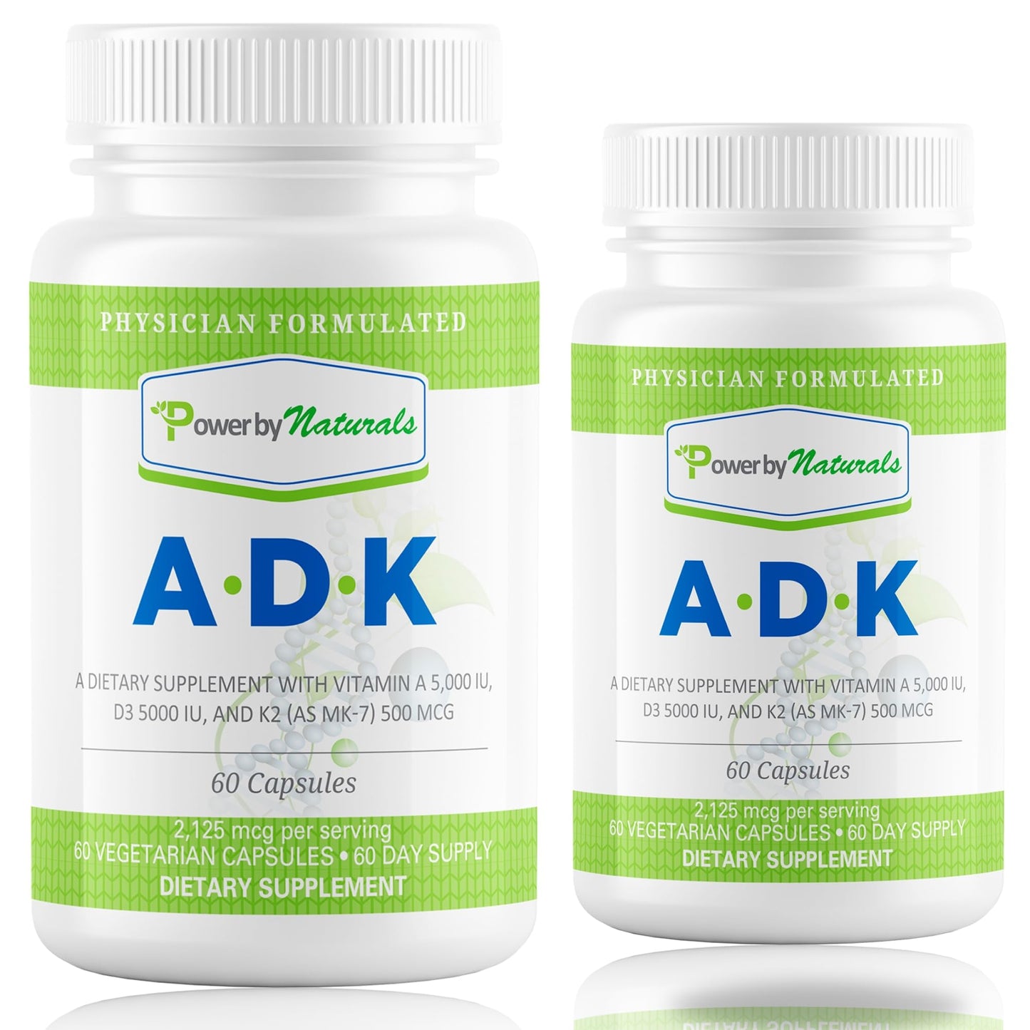 Power By Naturals ADK Vitamin Supplement: Vitamin A, D3 5000 IU, and Vitamin K2 MK-7 for Bone Health | Pack of 2 (60 Capsules Each)