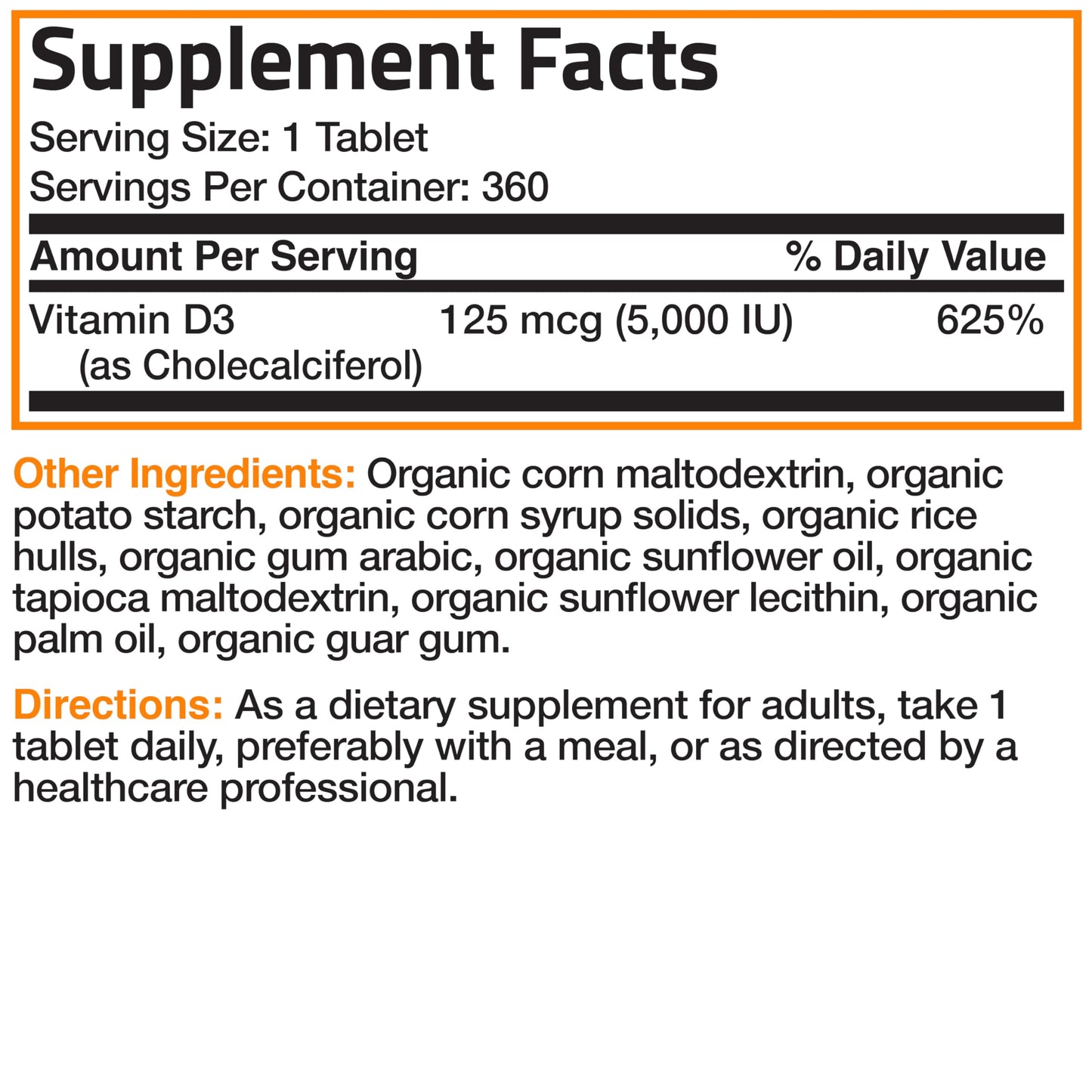 Bronson Vitamin D3 5,000 IU Organic High Potency Non-GMO | 360 Tablets