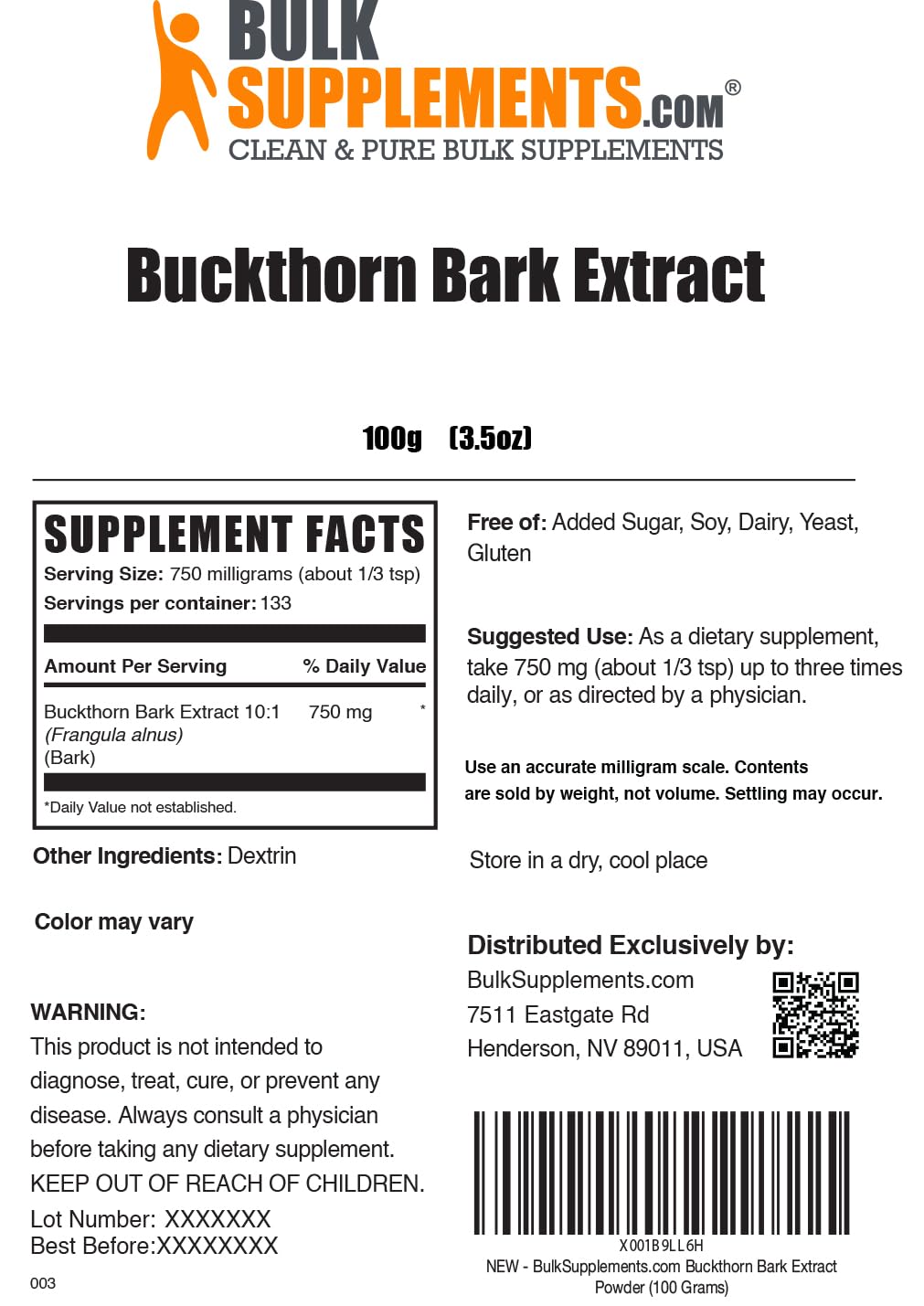 Buckthorn Bark Extract Powder – 750mg per Serving, 100g (3.5 oz) | Vegan & Gluten Free | BulkSupplements.com