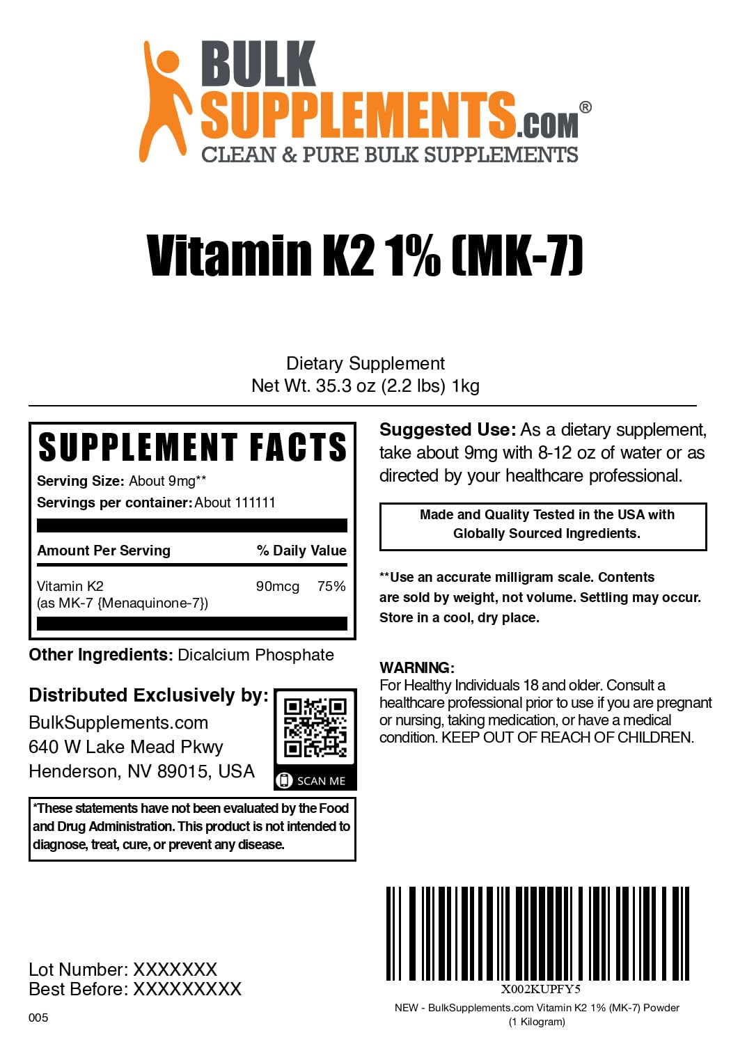 Vitamin K2 MK-7 Powder – 9 mg/Serving, 1kg | Gluten Free