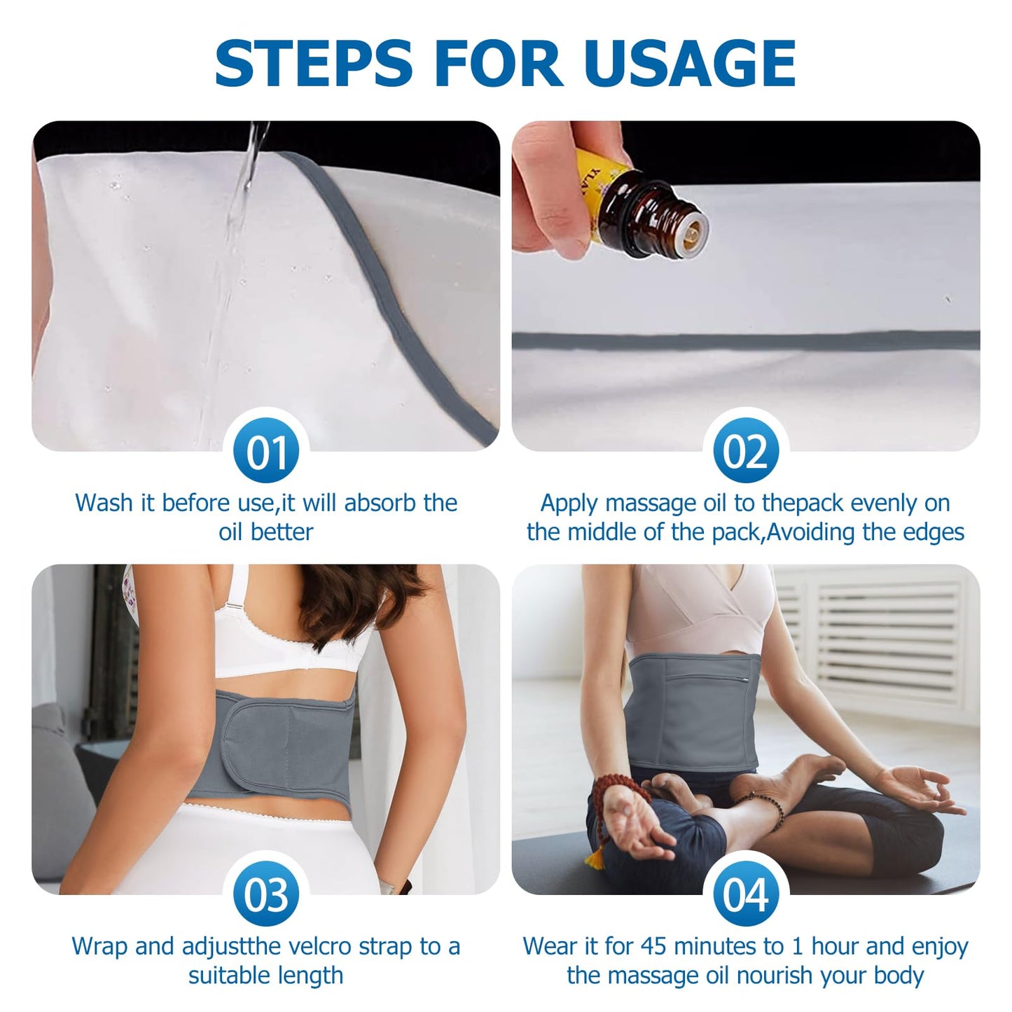 Castor Oil Pack Kit - 4 Pack for Neck, Knee & Abdomen | Reusable, Leak-Proof Wraps