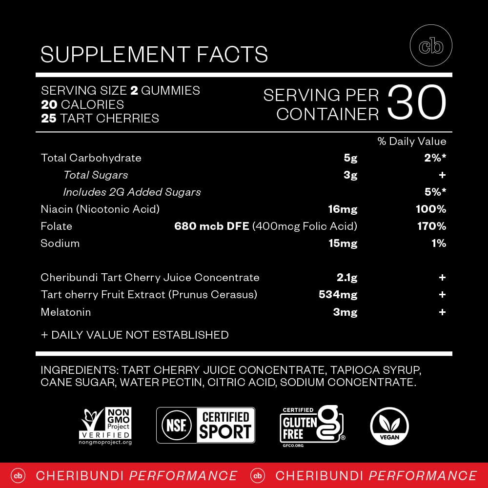 Cheribundi Tart Cherry Gummies Sleep – 25 Cherries, 3 mg Melatonin | 60 Count | Vegan, Gluten-Free, Non-GMO