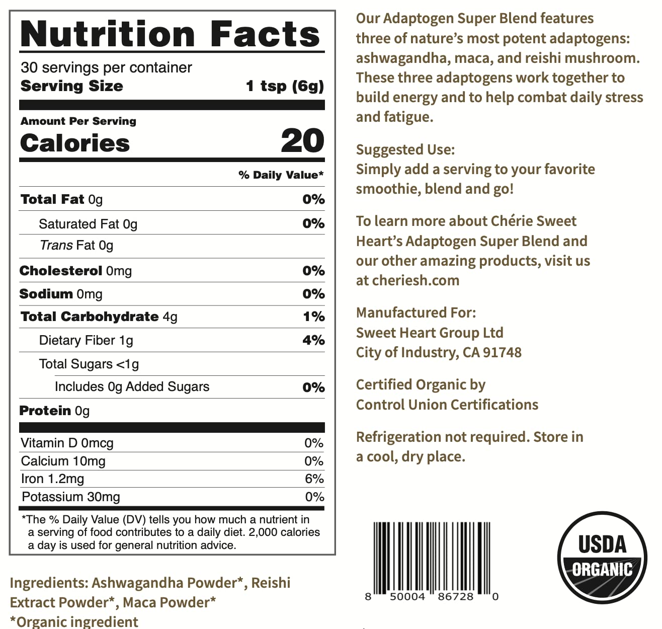 Cherie Sweet Heart Adaptogen Super Blend – Organic Maca, Reishi, Ashwagandha (6 oz)