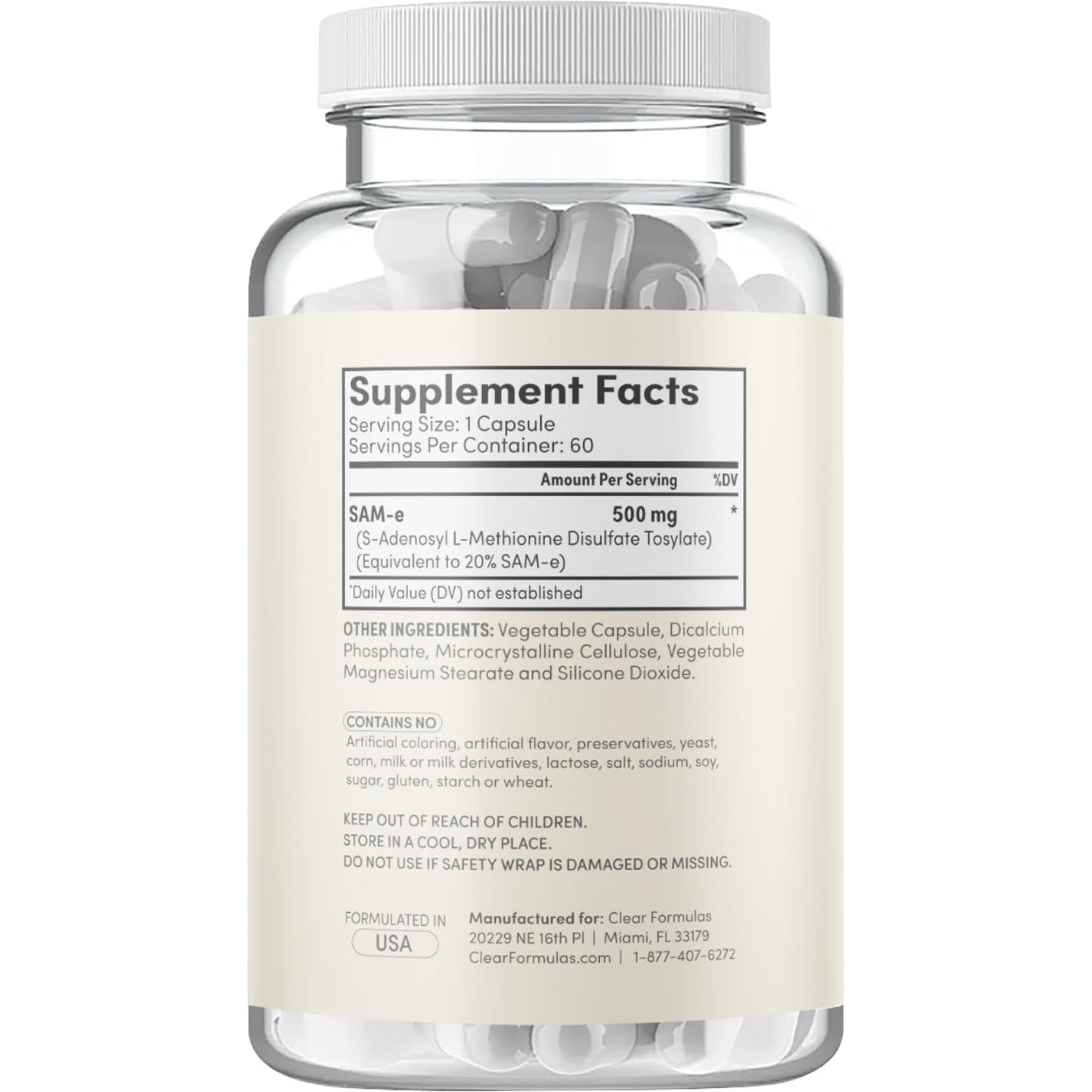Clear Formulas Bioactive SAM-e 500mg – Mood & Liver Support (Vegan, Non-GMO, Made in USA)