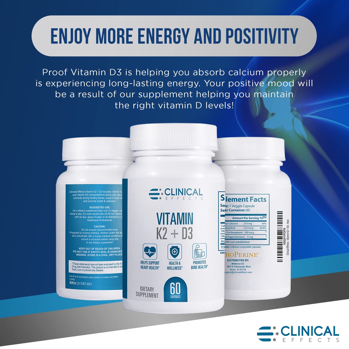 Clinical Effects Vitamin K2 + D3 | Max Absorption Bone & Heart Support | 3 Pack | Made in USA