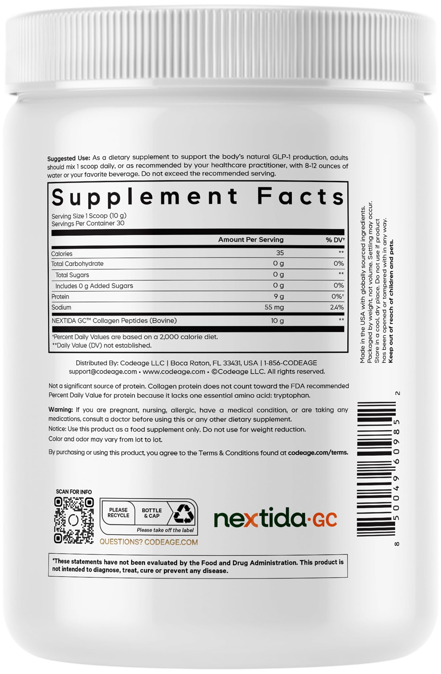 Codeage GLP-1 Collagen Powder – Nextida GC, Hydrolyzed Type I & III, Grass-Fed, Unflavored – 10.58 oz