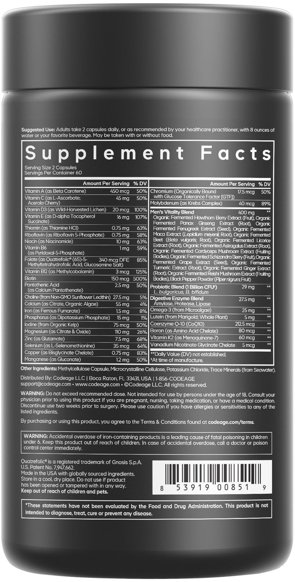 Codeage Men’s Daily Multivitamin – 25+ Vitamins & Minerals, Organic Whole Foods, Probiotics, Omega-3, Zinc | 2 Pack