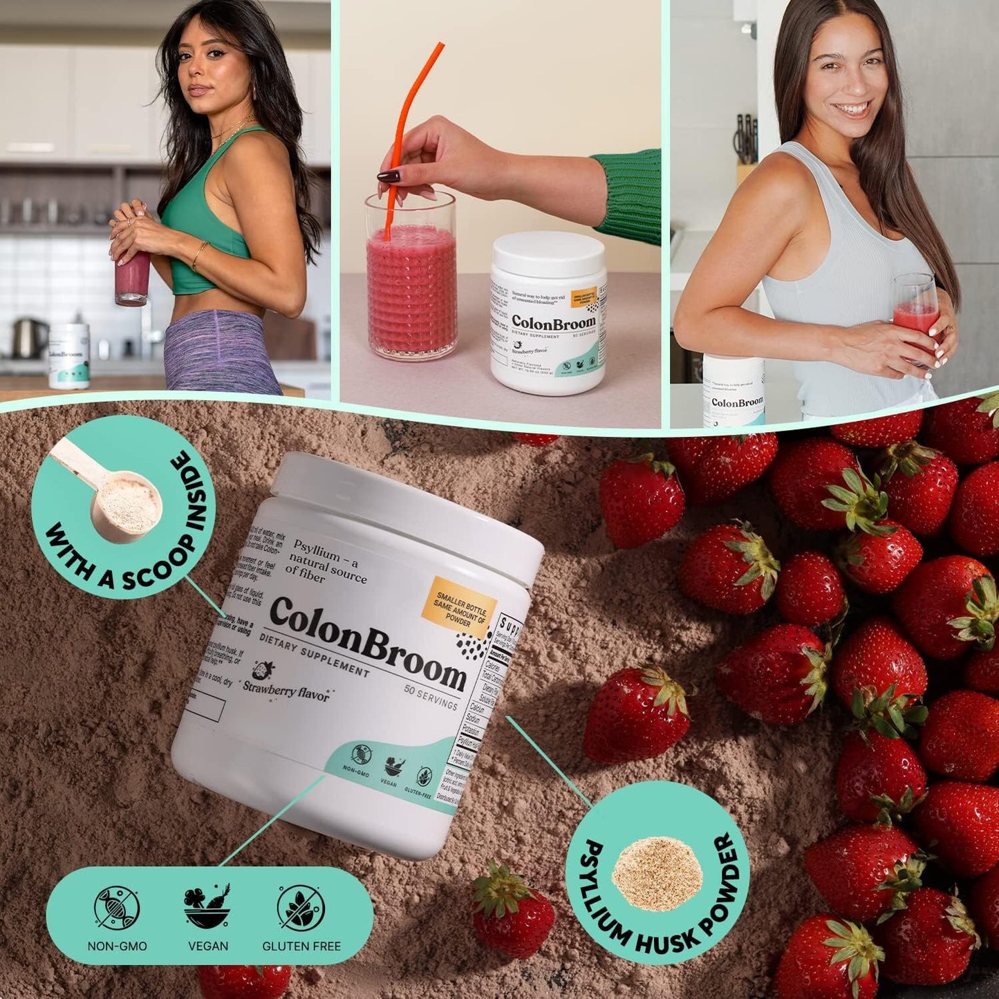ColonBroom Psyllium Husk Powder (Strawberry) – Fiber Powder for Digestive Wellness | 100 Servings