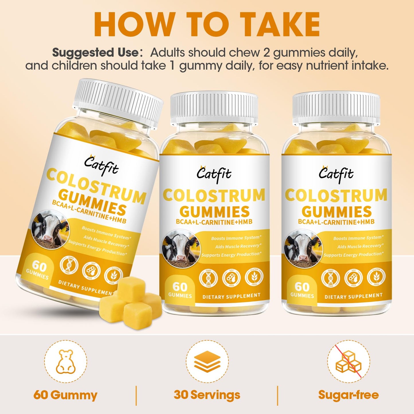 Sugar-Free Colostrum Gummies – Grass-Fed, 40% IgG, Orange, 60 Gummies
