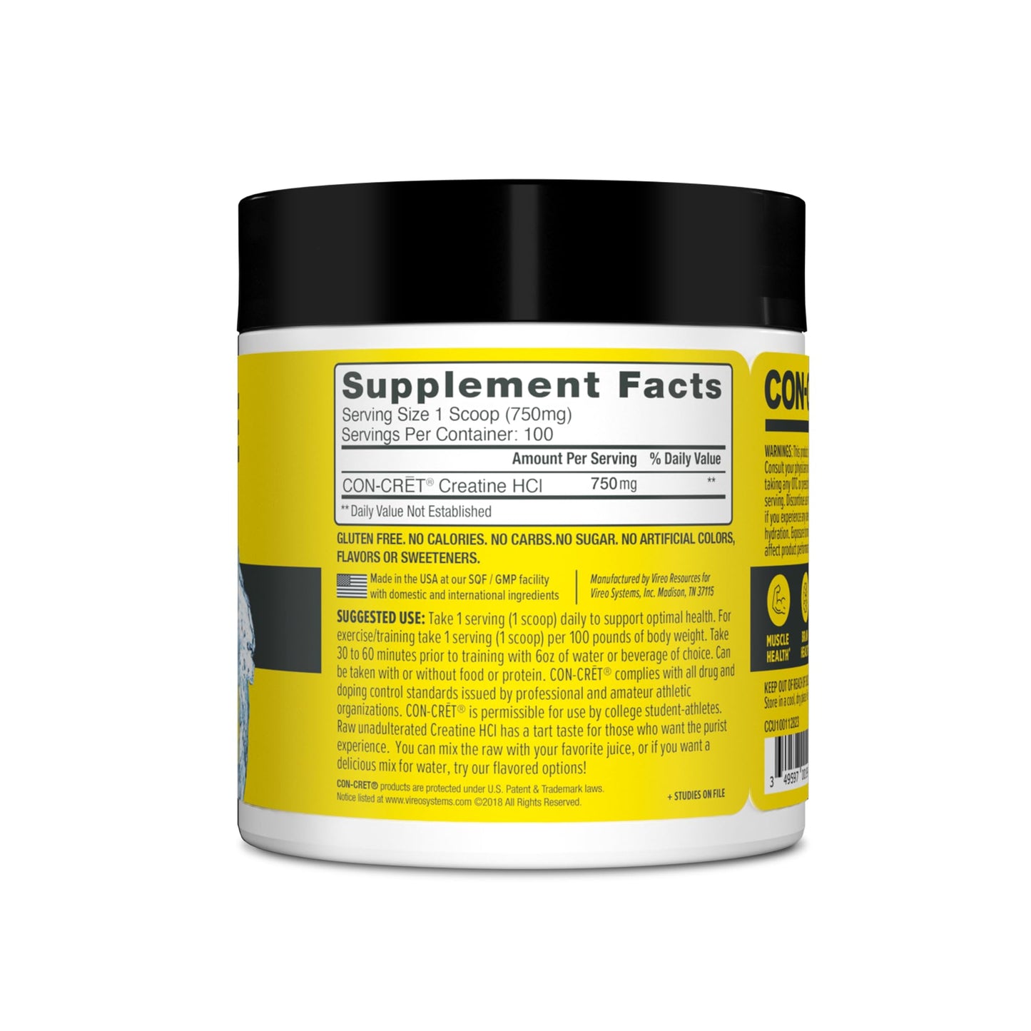 CON-CRET Creatine HCl Powder | Muscle, Cognitive, Cellular Energy Support | No Bloating or Cramps | USA Made & NSF Certified | Unflavored (100 Serving)