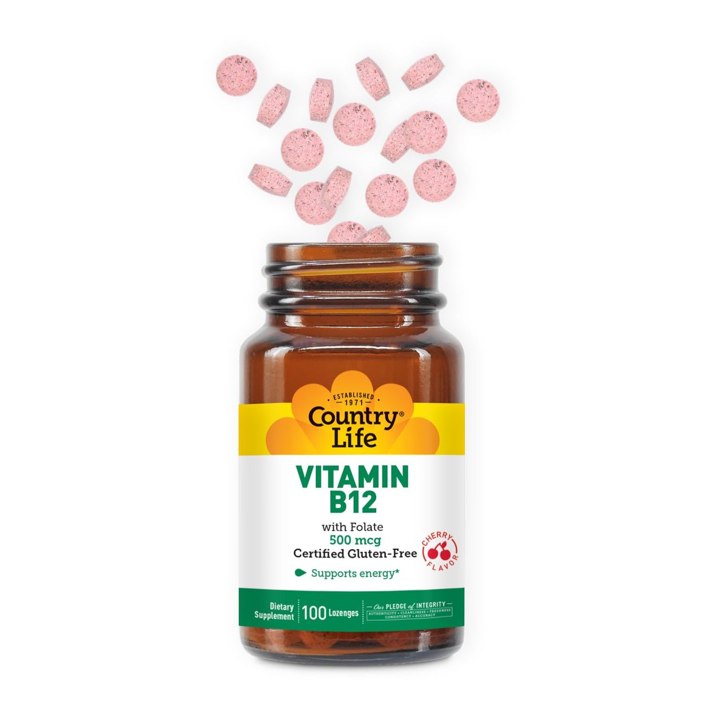 Country Life Vitamin B12 with Folate 500mcg – Energy & Red Blood Cell Support | 100 Lozenges | Gluten Free, Vegan, Halal, Non-GMO