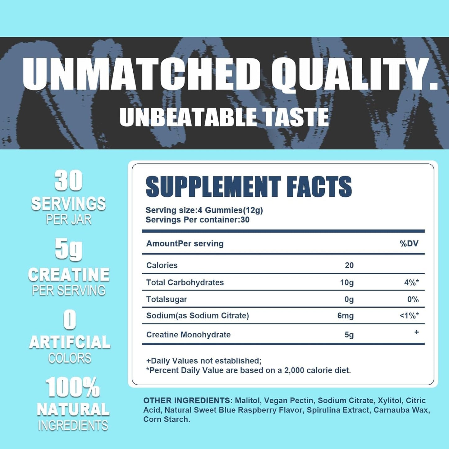 Creatine Monohydrate Gummies 5g - Vegan, Halal, Sugar-Free | Blue Raspberry