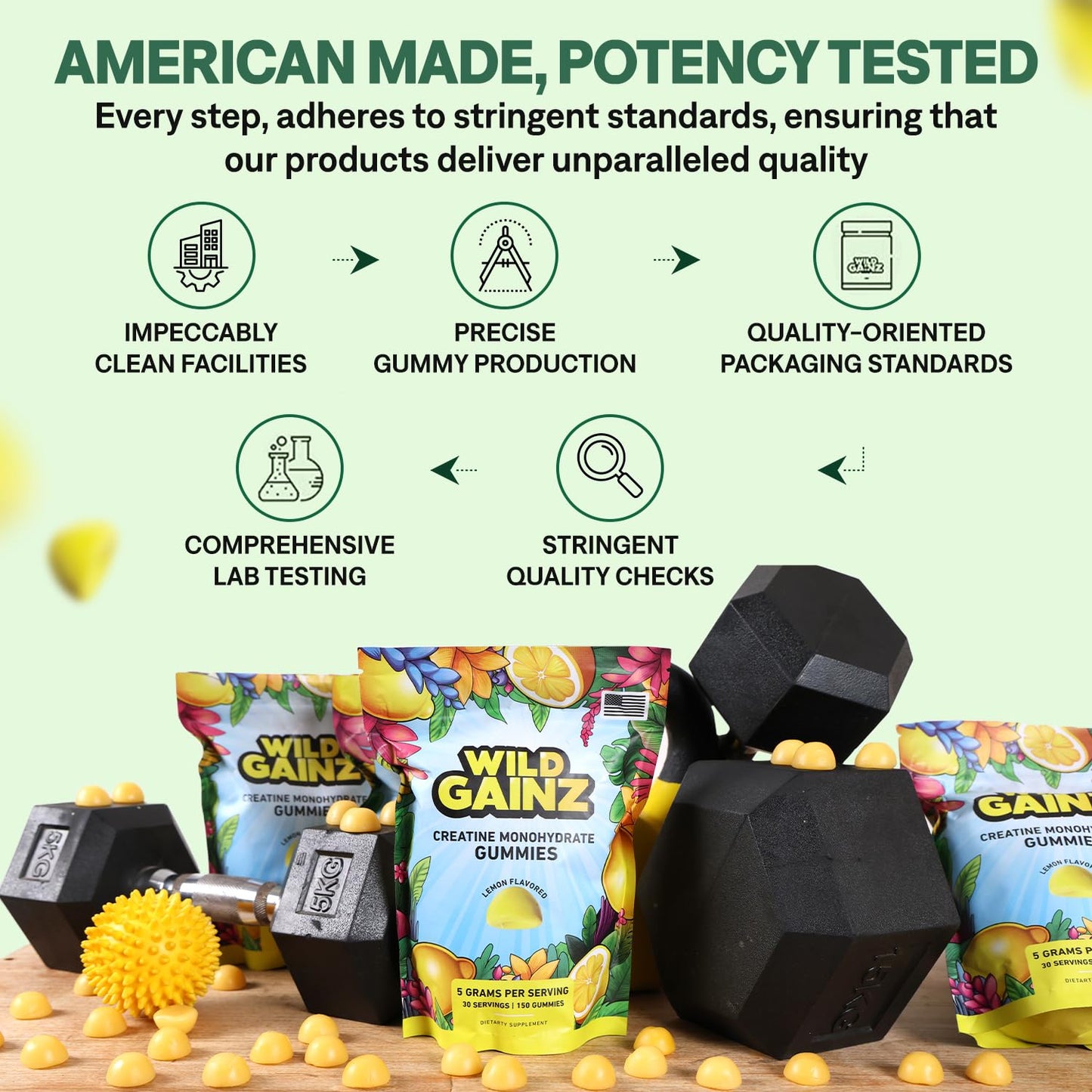 Creatine Monohydrate Gummies 5000mg – Made in USA, Vegan, Lemon | Muscle Growth & Focus