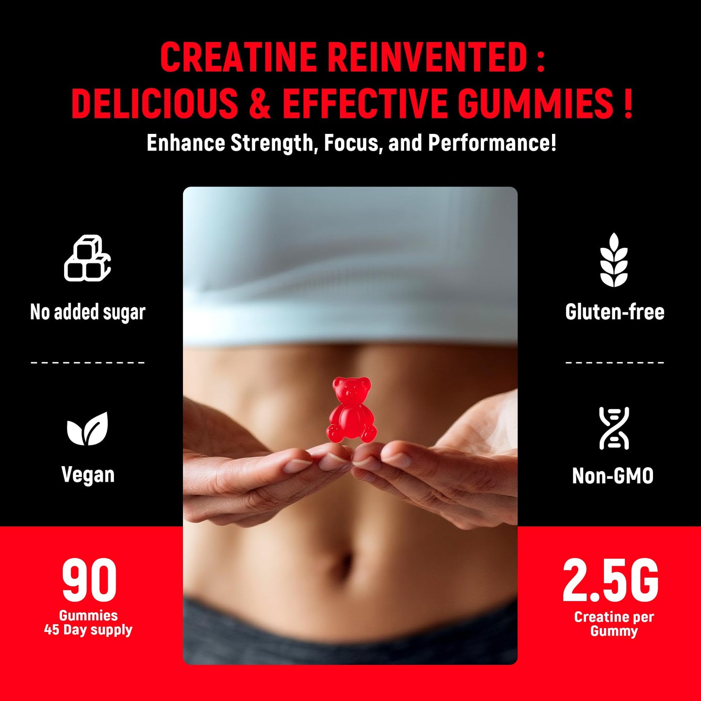 Creatine Monohydrate Gummies 5g for Men & Women - Boost Focus,Strength, and Endurance, Anti-Melting Formula, Vegan, Gluten-Free, Non-GMO, 2.5 Gram Creatine per Gummy (Strawberry 90 ct)
