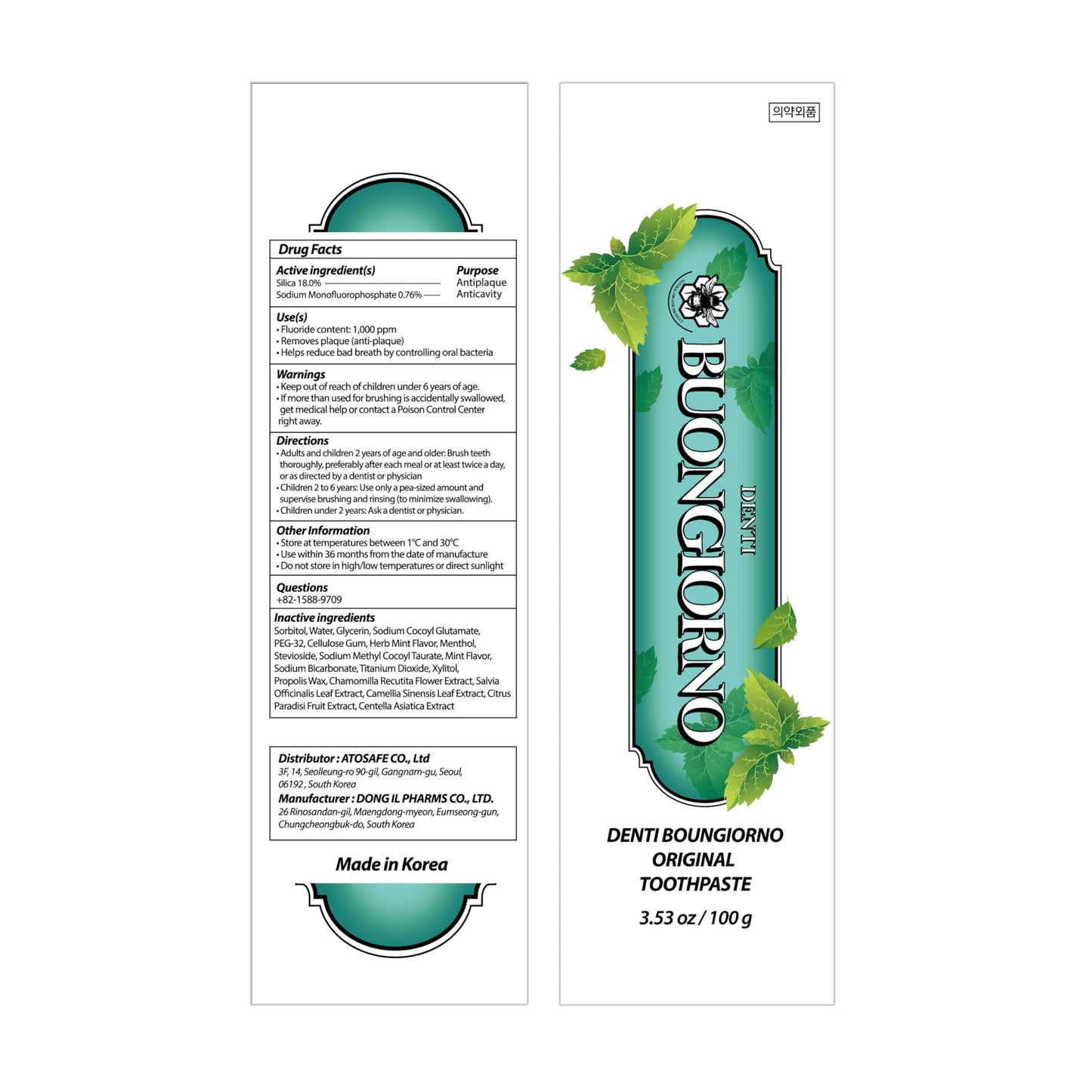 DENTI BUONGIORNO Herbal Mint Toothpaste - Natural Fluoride, Fresh Breath, Plaque Removal (3.52 fl oz / 100 g)
