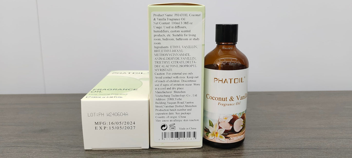 Coconut & Vanilla Fragrance Oil 100ML – PHATOIL Diffuser & DIY Soap/Candle Oil