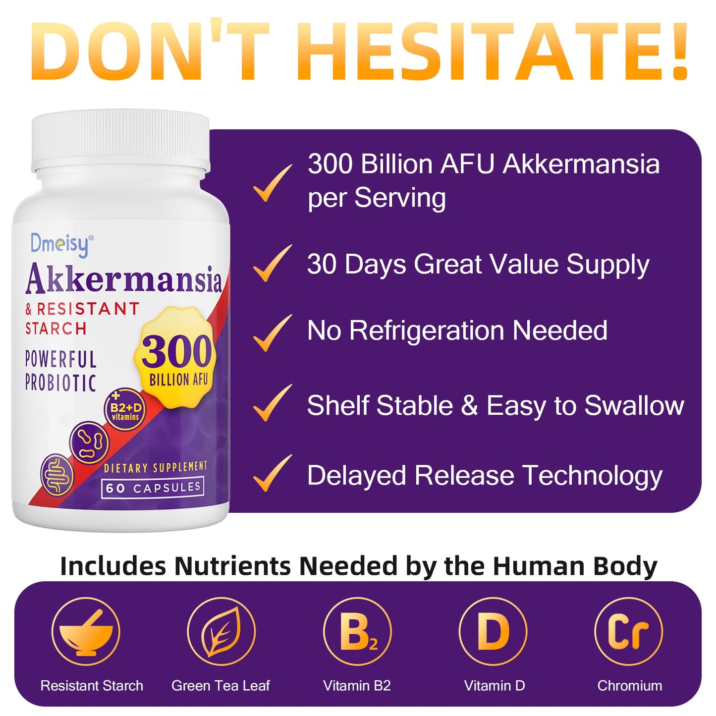 Dmeisy Akkermansia Probiotic - 300 Billion AFU, 60 Count | Gut Health & Immune Support