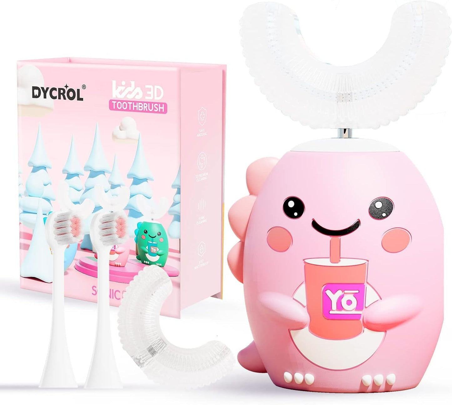 DYCROL Kids U-Shaped Electric Toothbrush Pink | 4 Brush Heads, 5 Modes, 360° Cleaning, IPX7 Waterproof, Ages 2-6