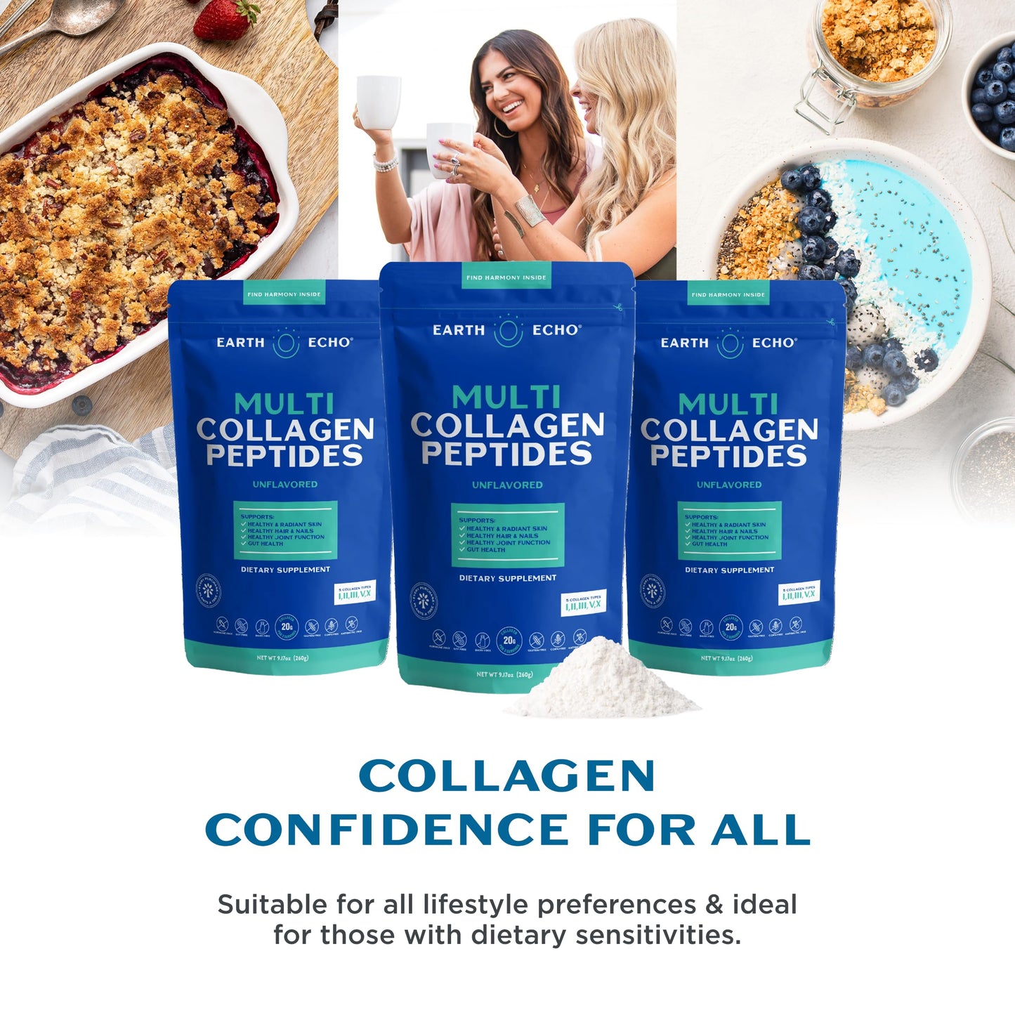 Earth Echo Multi-Collagen Peptides Powder – Unflavored, Keto-Friendly (26 Servings)